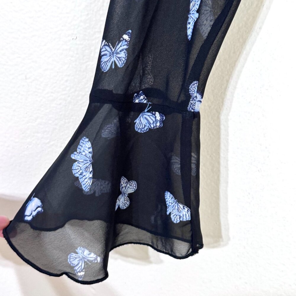 Y2K Butterfly Sheer Chiffon Cropped Top Bell Sleeves Ruffle Collar Cardigan - Picture 4 of 11